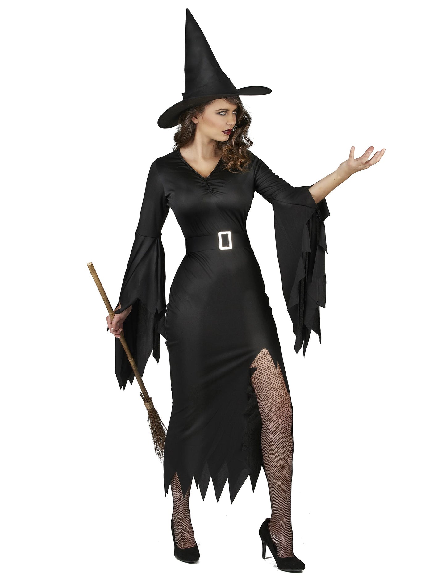 Vue de profil avec balai du déguisement de sorcière noire sexy