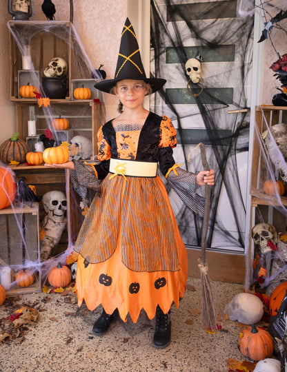 Dívčí oranžový kostým čarodějnice pro Halloween