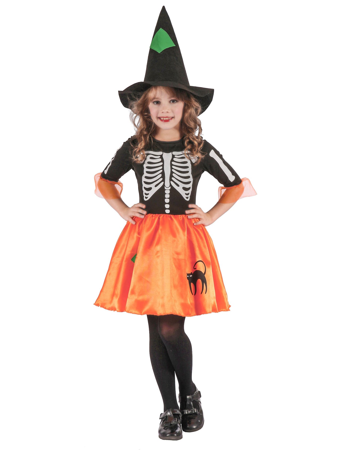 Déguisement de sorcière squelette pour fille noir et orange avec chapeau