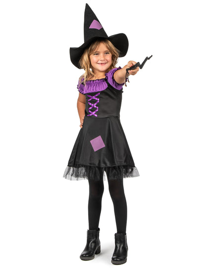 Dívčí kostým fialové čarodějnice s kloboukem