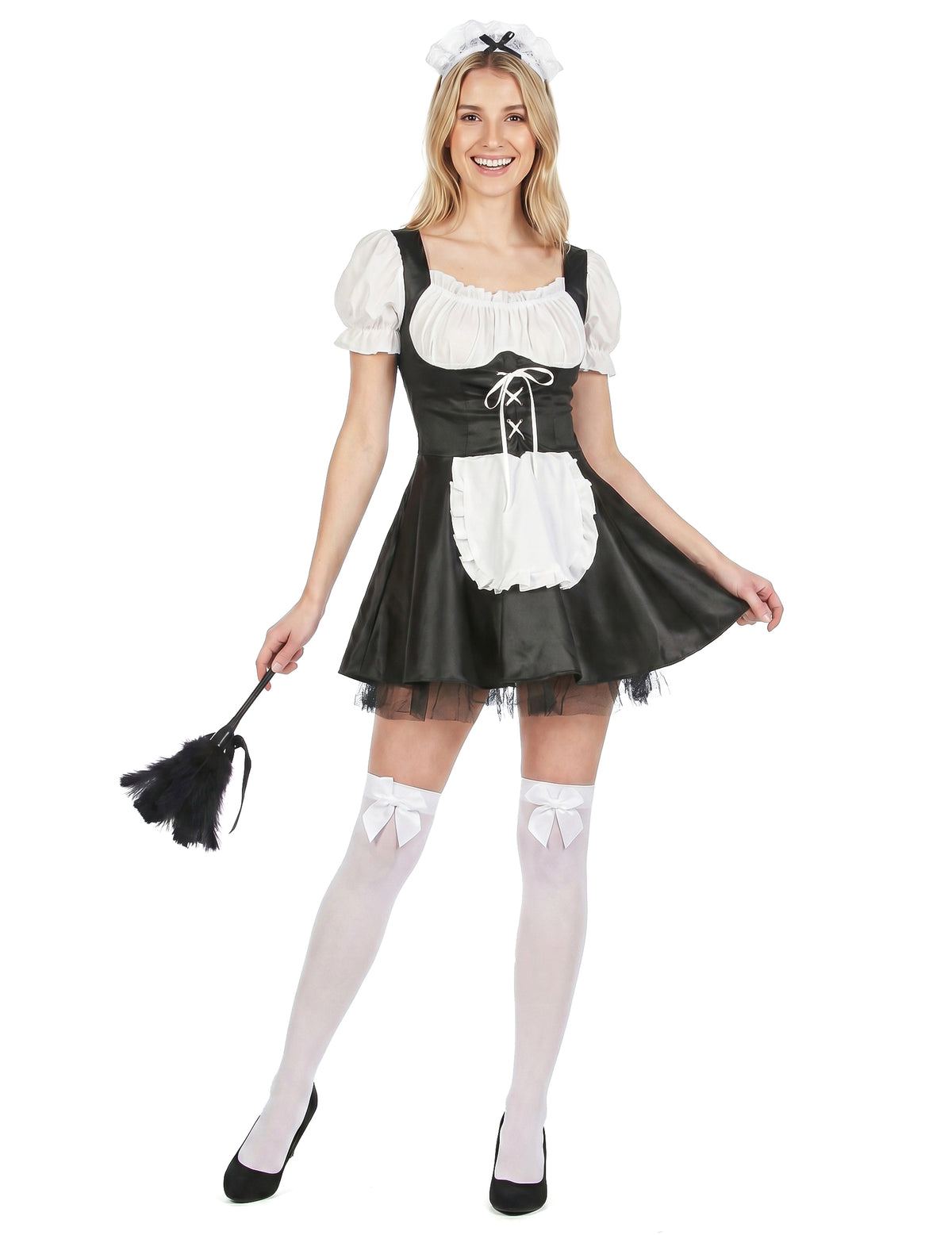 Déguisement soubrette pour femme noir et blanc avec serre-tête et plumeau