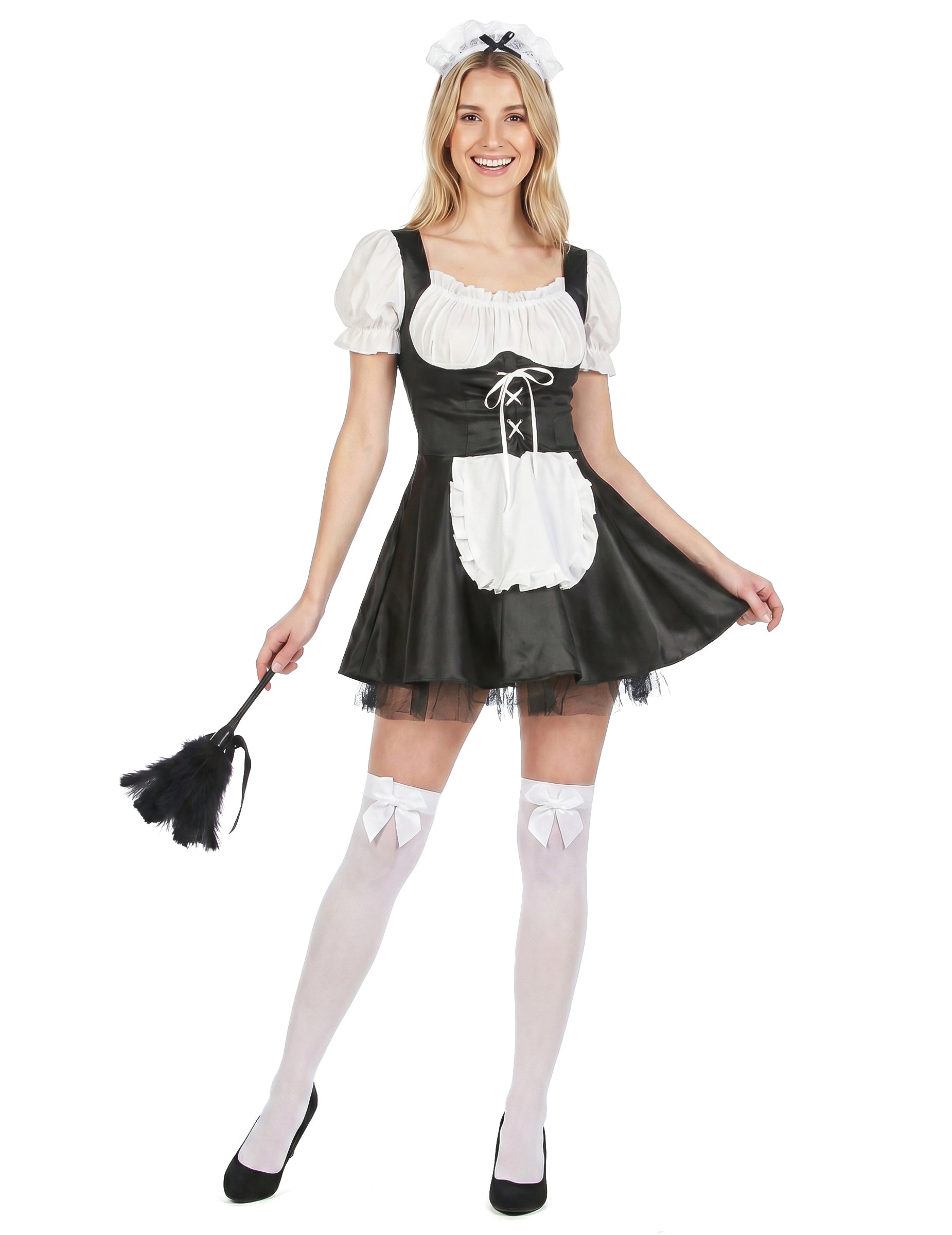 Déguisement soubrette pour femme noir et blanc avec serre-tête et plumeau