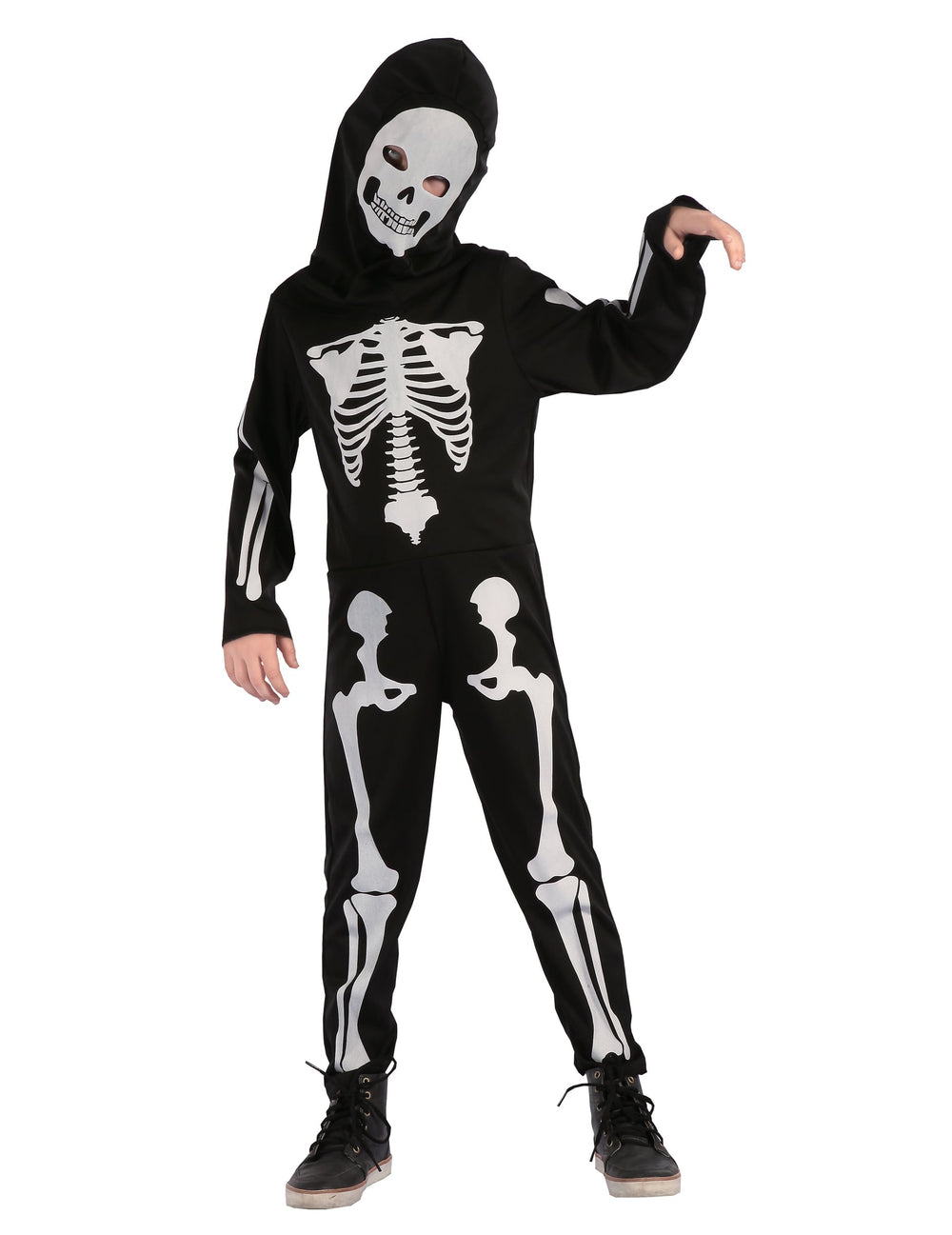 Déguisement squelette articulé pour enfant noir et blanc avec cagoule imprimée