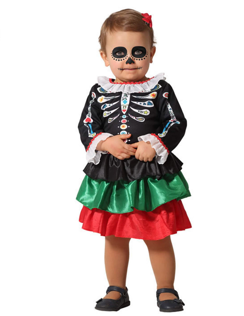 Kostým kostlivec Dia de los muertos pro miminko dívka černá se sukní s volánky v trojbarevném provedení