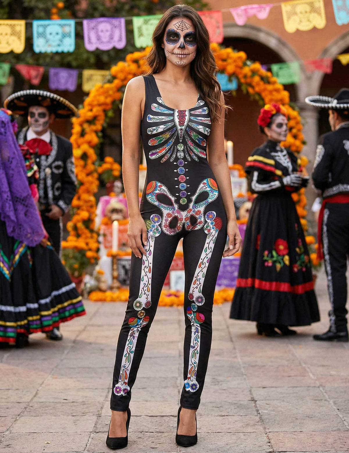 Uvedení do situace kostýmu kostlivce Dia de los muertos pro ženu