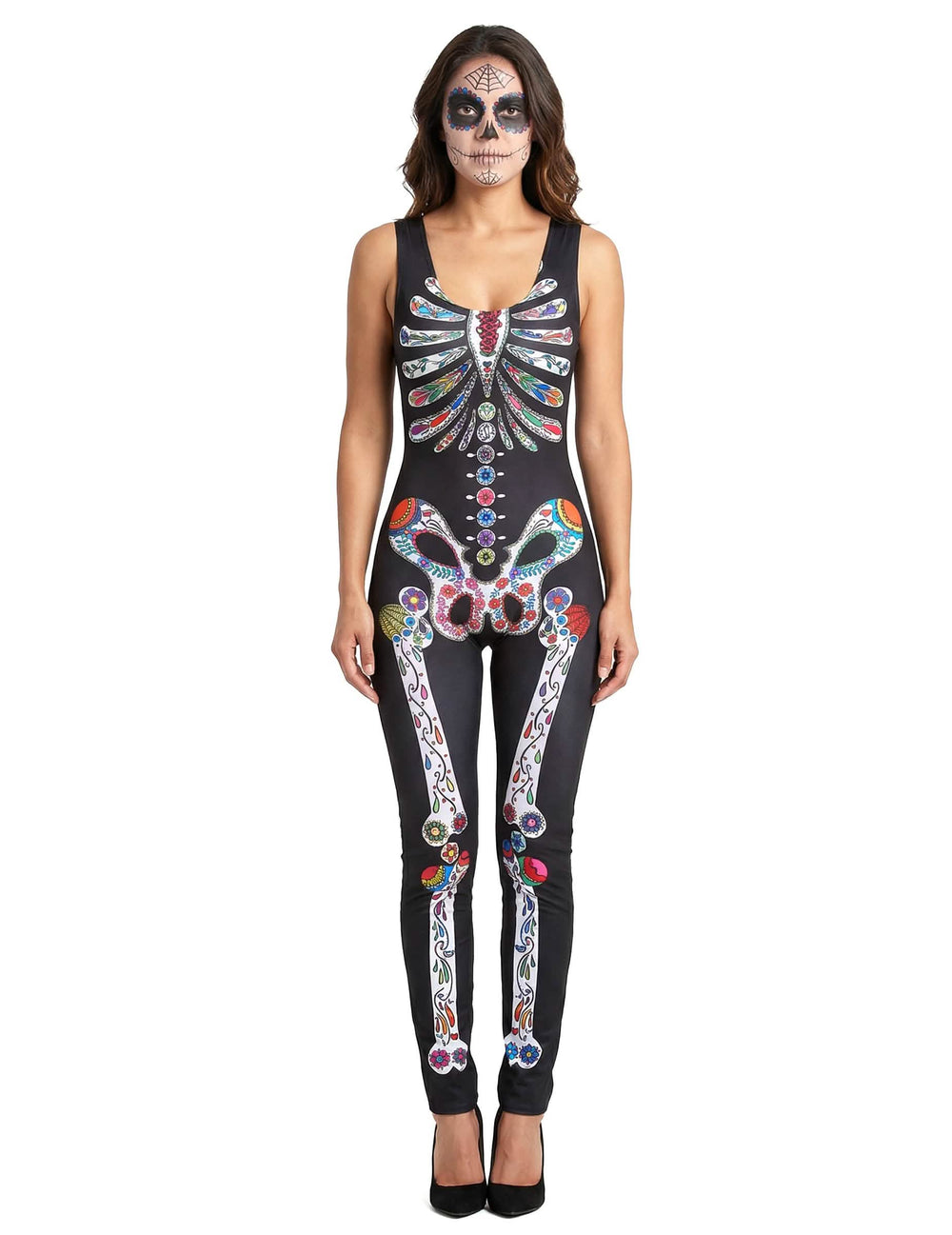 Kostým kostlivce Dia de los muertos pro ženu černá s barevnými vzory
