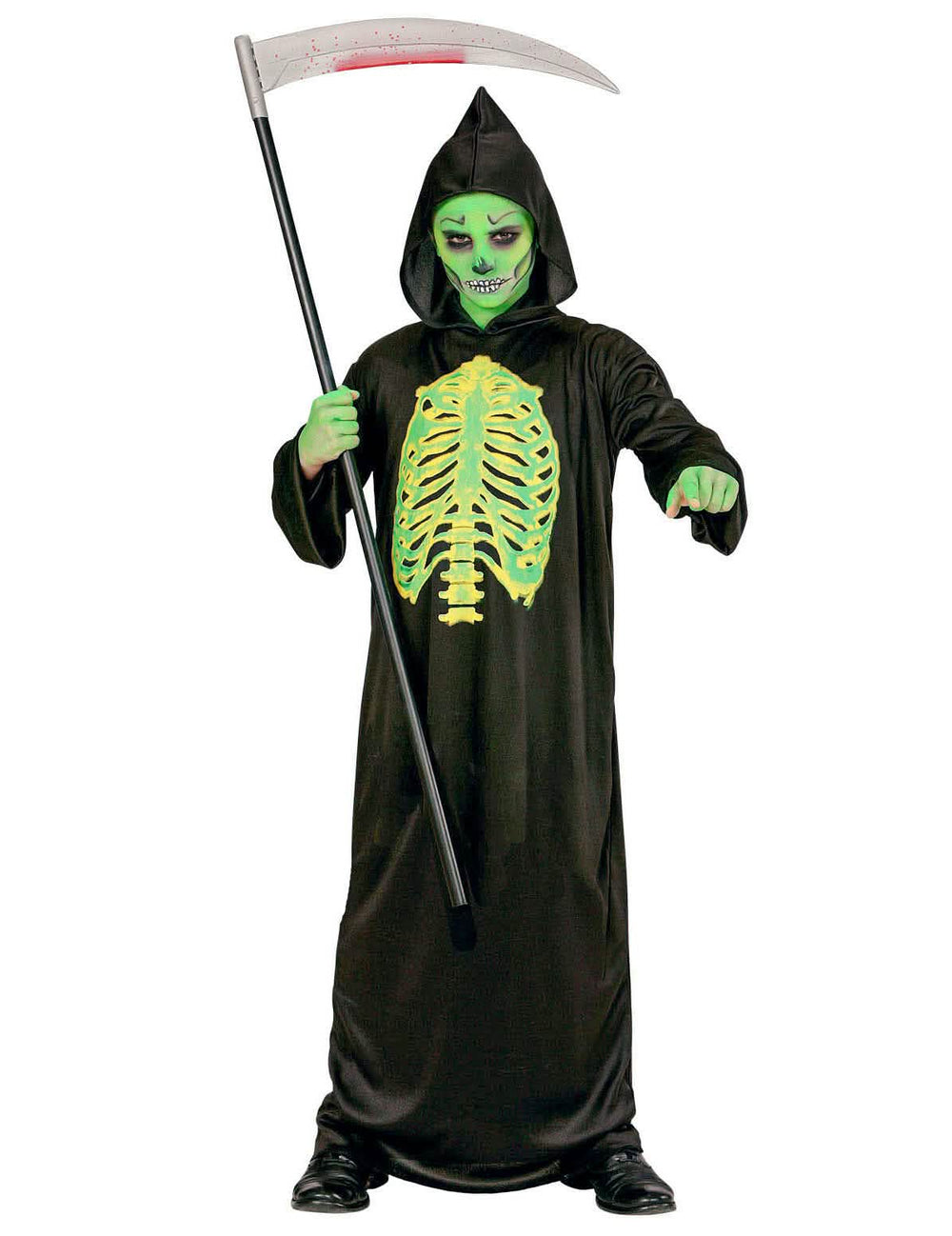 Kostým kostlivce s vyhřezlými vnitřnostmi halloween pro dítě černá a zelená neon