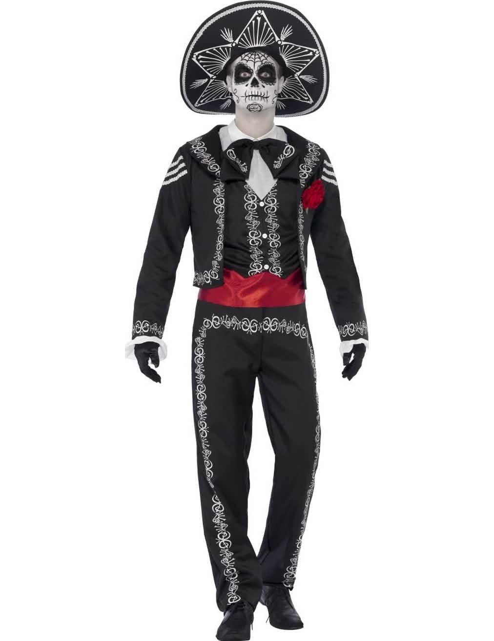 Mexický kostým kostlivce Dia de los muertos pro muže černá a bílá se sombrerem a červený pásek