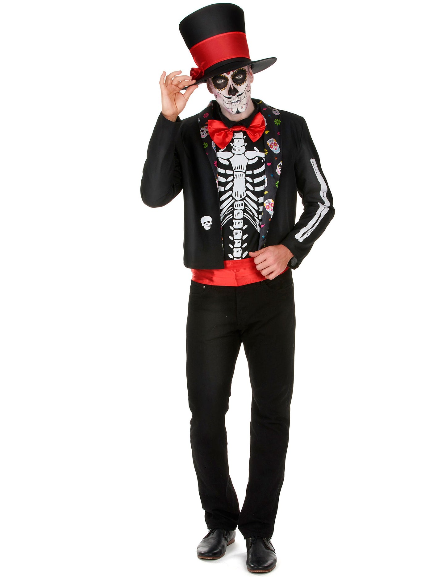 Déguisement Squelette motifs Dia de los muertos pour homme noir et rouge avec haut-de-forme