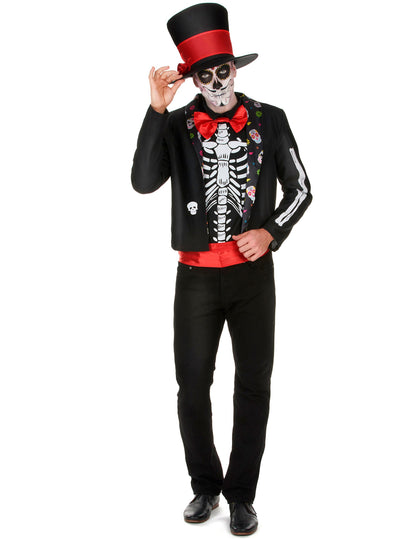 Déguisement Squelette motifs Dia de los muertos pour homme noir et rouge avec haut-de-forme