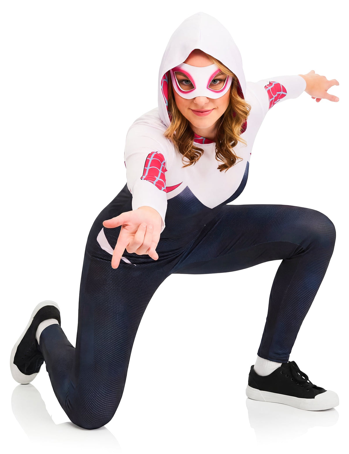 Vue de face en position de combat du déguisement Ghost-Spider pour femme