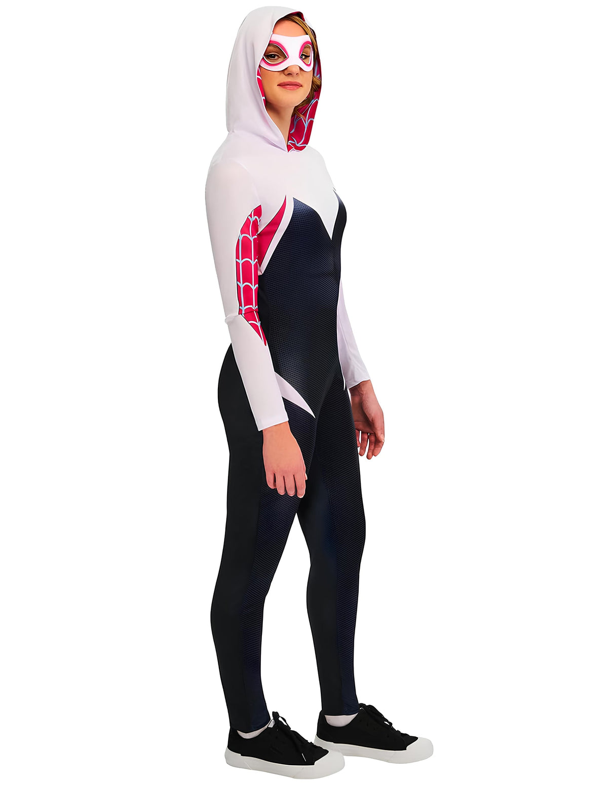 Vue de face en position de combat du déguisement Ghost-Spider pour femme