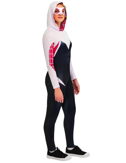 Vue de face en position de combat du déguisement Ghost-Spider pour femme