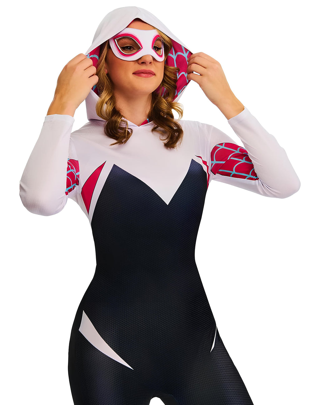 Gros plan sur le buste et le masque du déguisement Ghost-Spider pour femme
