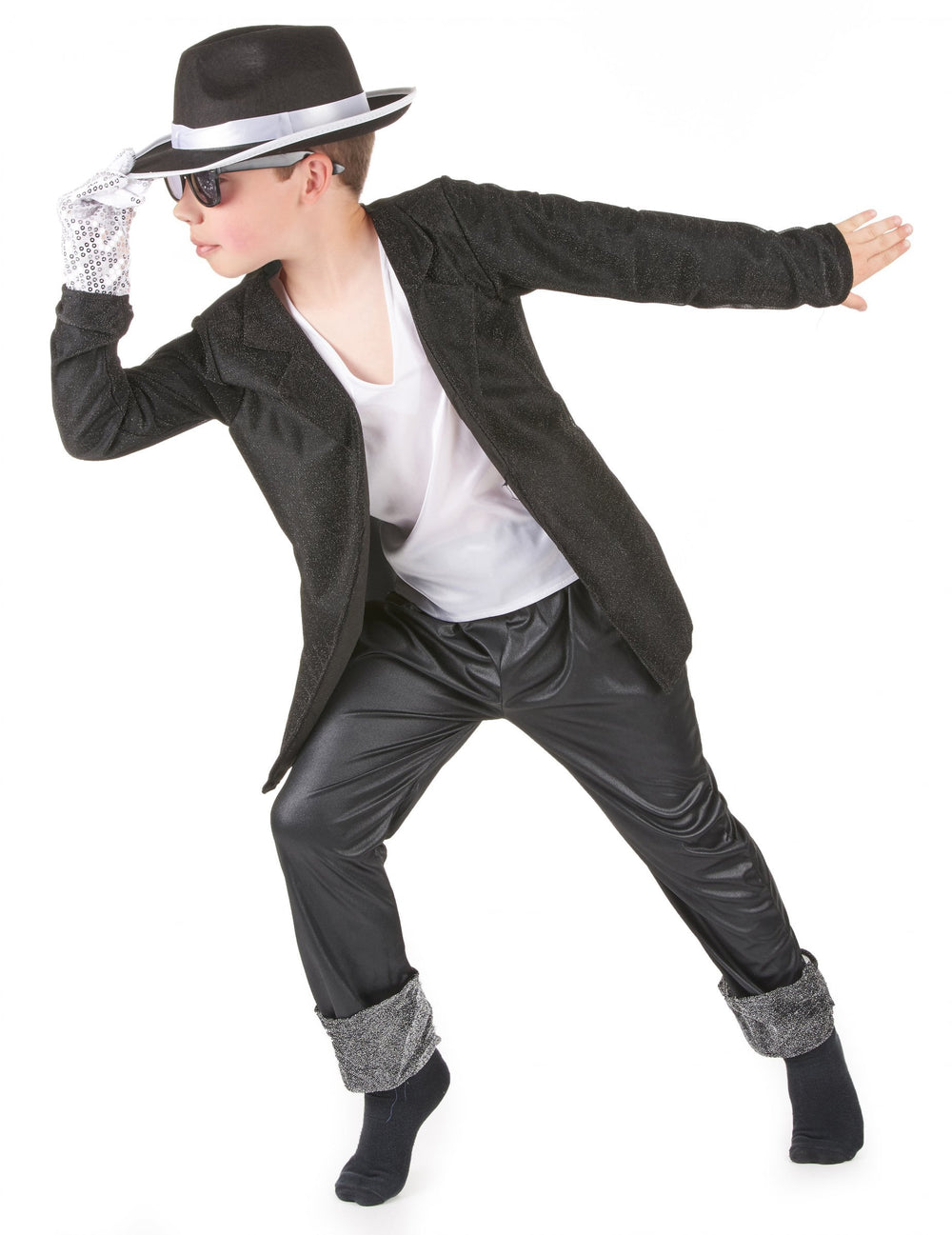 Déguisement star de la pop chic pour garçon noir et argenté avec chapeau et gant