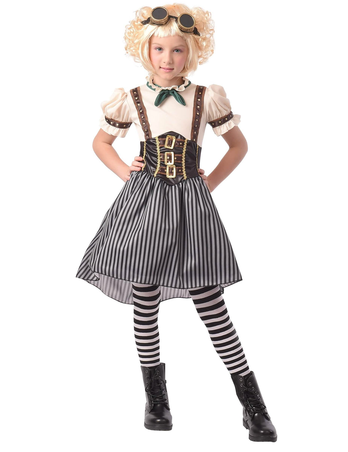 steampunk kostým pro dívka s černá a bílá pruhy, s korzetem a brýlemi