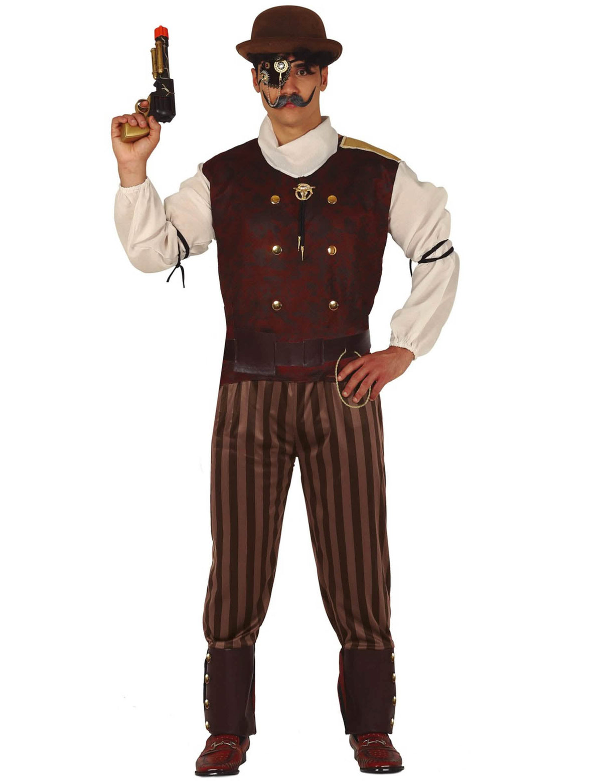 steampunk kostým pro muž hnědá a bordeaux s pruhovanými kalhotami