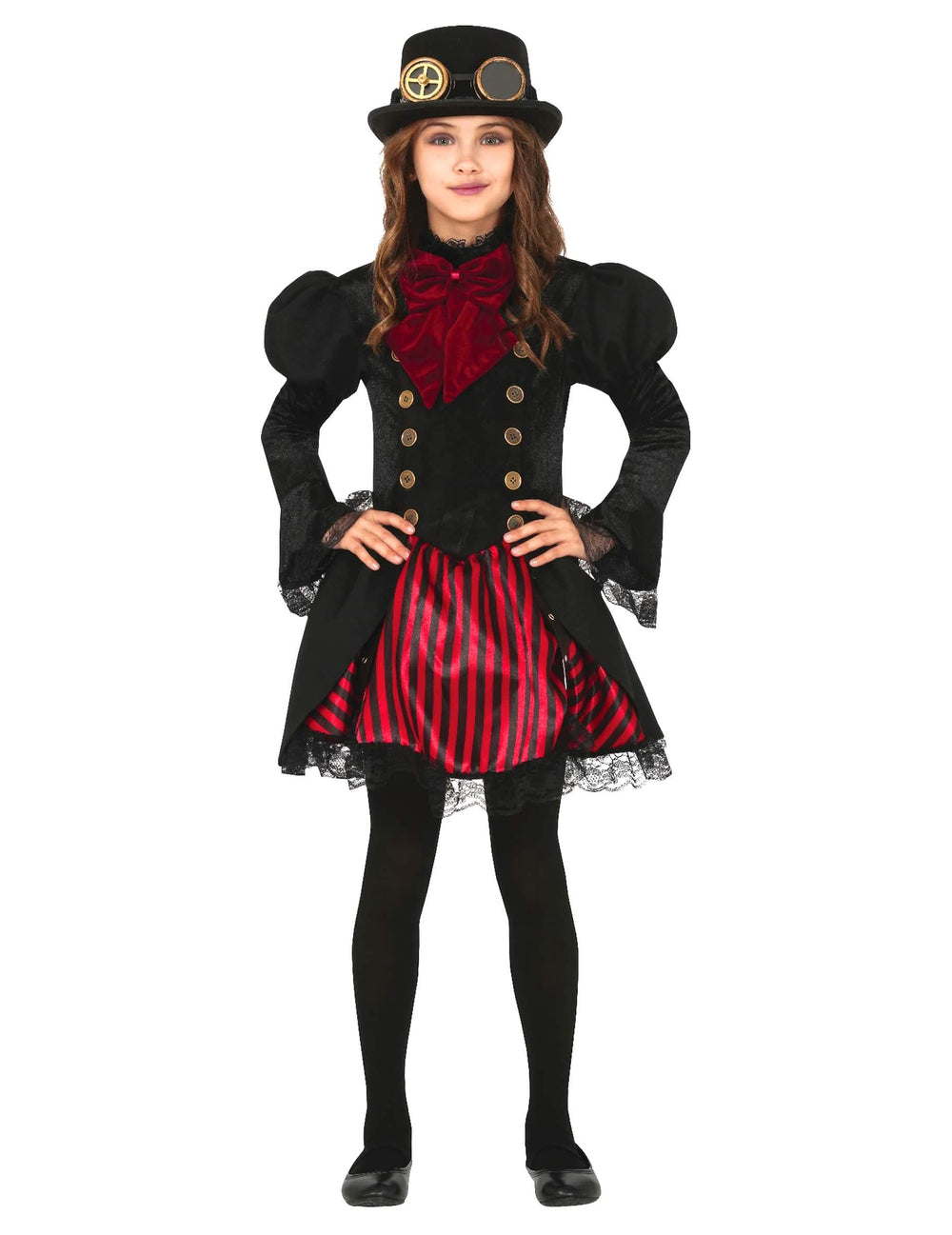 Steampunk červená glamour kostým pro dívka černá a červená s černá vysokým kloboukem