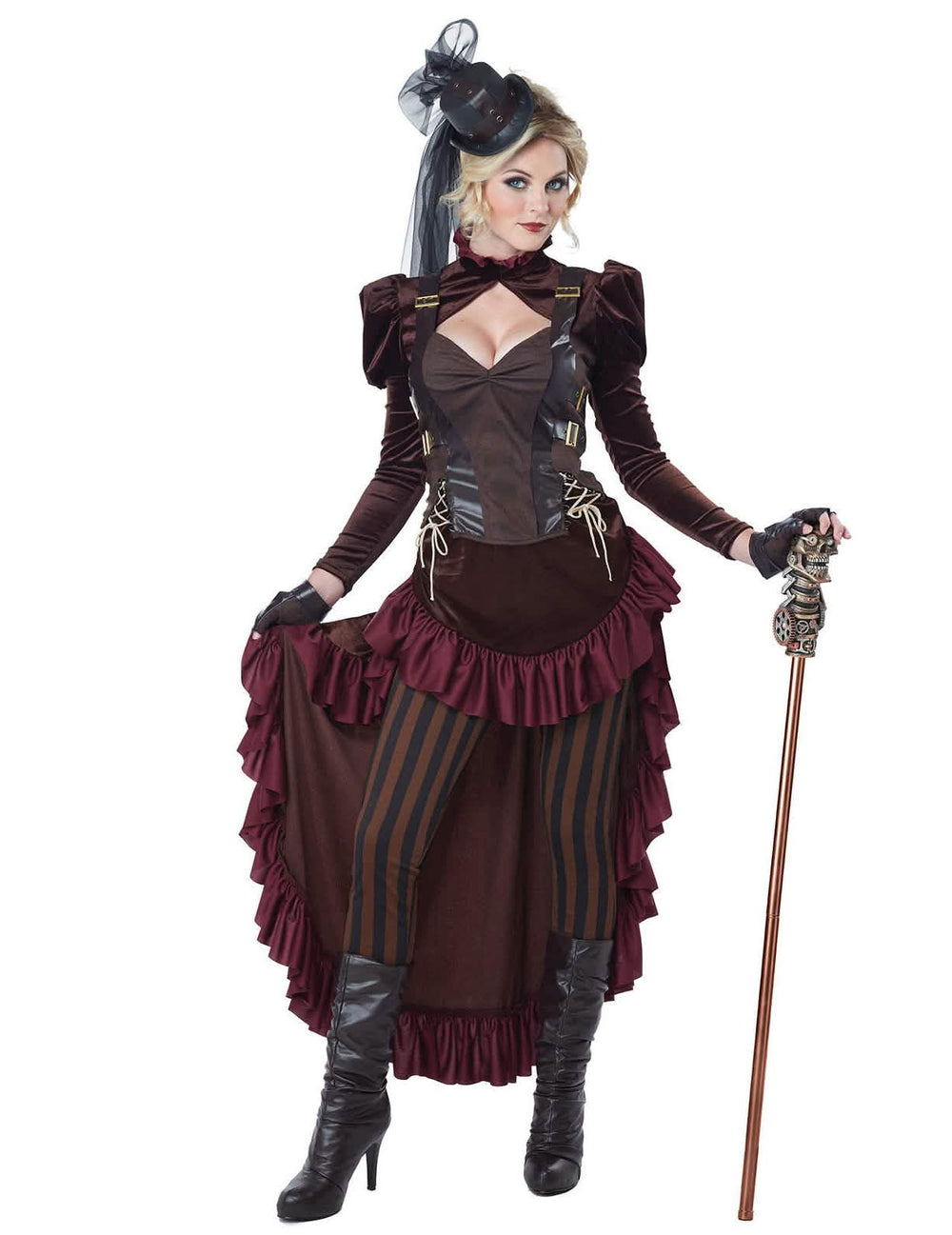 Steampunk sexy kostým pro ženu hnědá a vínová s mini cylindrem