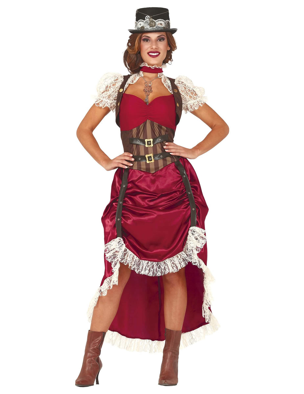 Steampunk sexy kostým pro ženu červená s korzetem a kloboukem