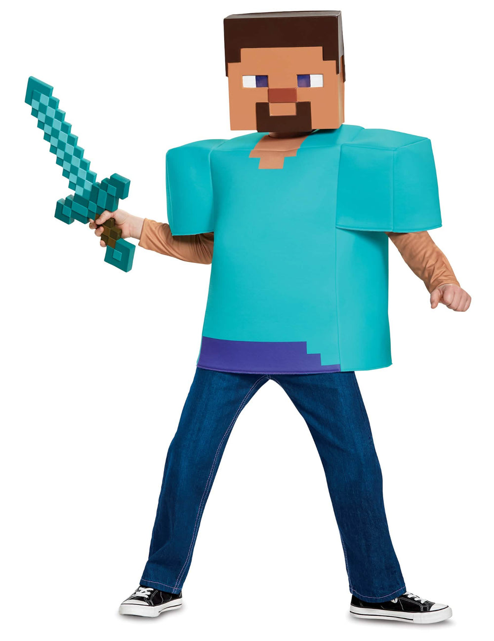 Pixelovaný meč držený s kostýmem Steve Classique Minecraft