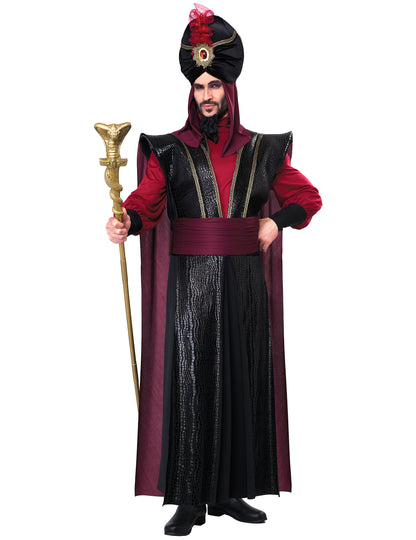 Déguisement de sultan du mal luxe pour homme noir et bordeaux avec turban et sceptre serpent