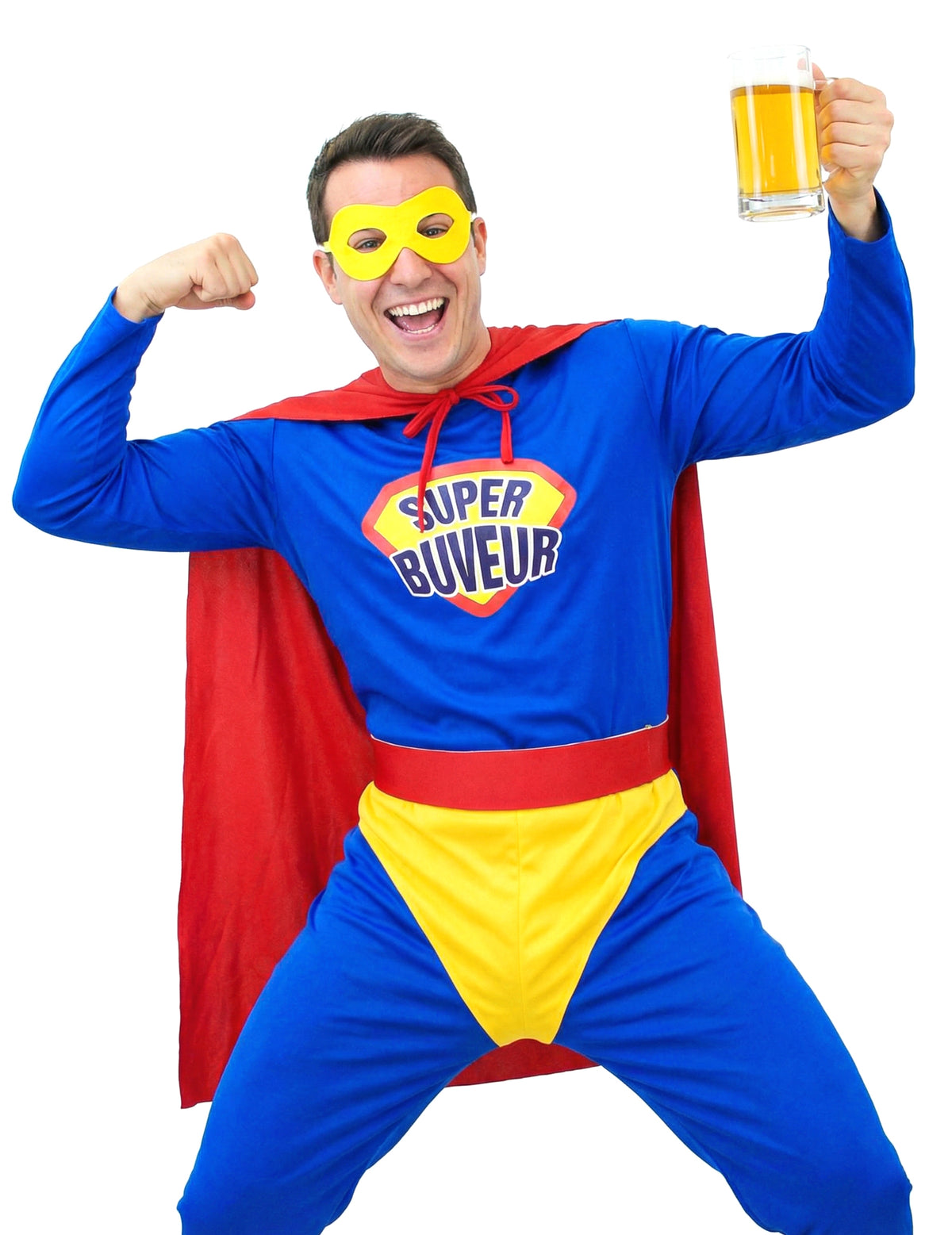 Déguisement Super Buveur pour homme bleu et rouge avec cape et masque jaune