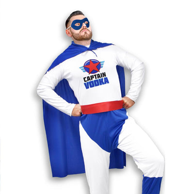Déguisement Super Captain Vodka pour homme bleu et blanc avec cape et masque