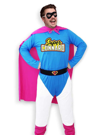 Déguisement Super Connard pour homme bleu blanc et rose avec cape et masque