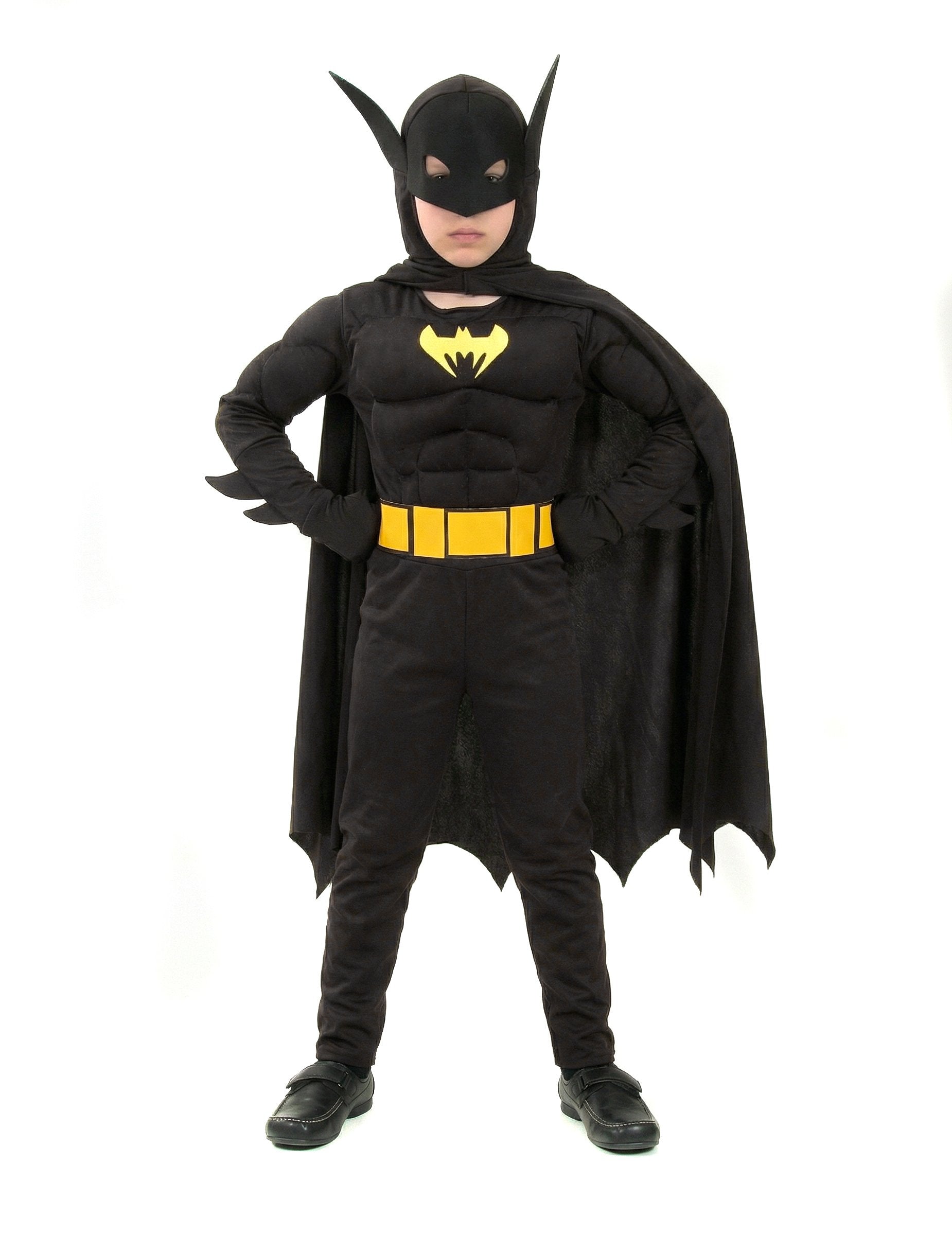 Dětský kostým superhrdiny netopýra v černé a žluté barvě s pláštěm a svaly