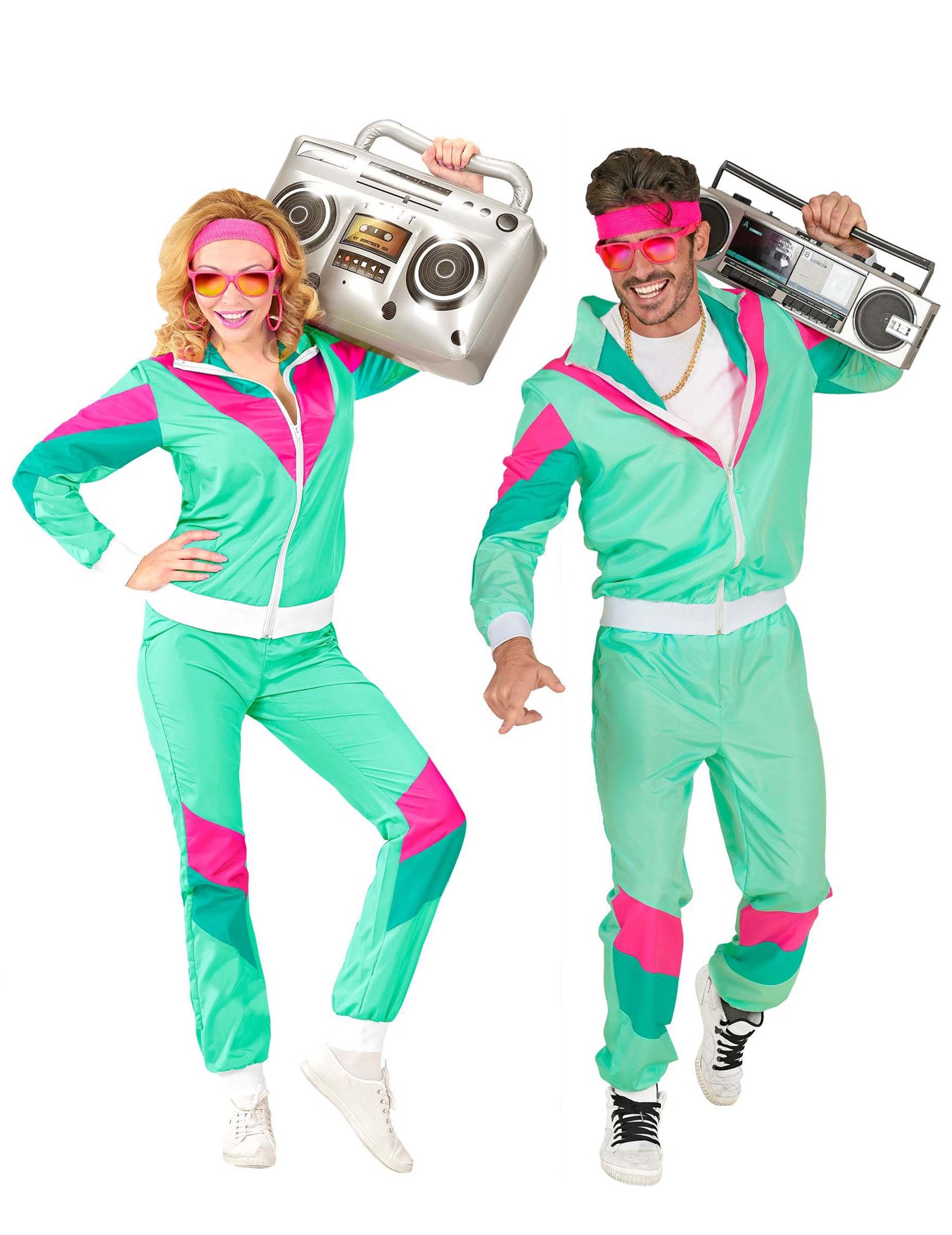 Vue de face du couple du déguisement survêtement années 80 pour adulte