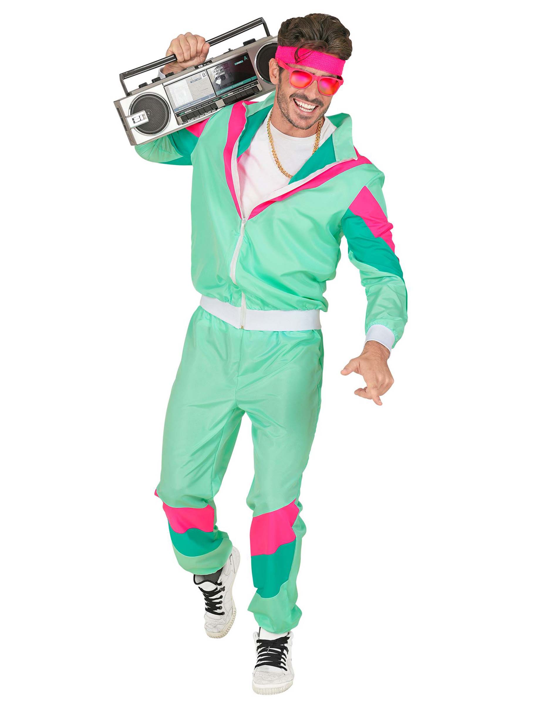 Vue de face avec radio cassette du déguisement survêtement années 80