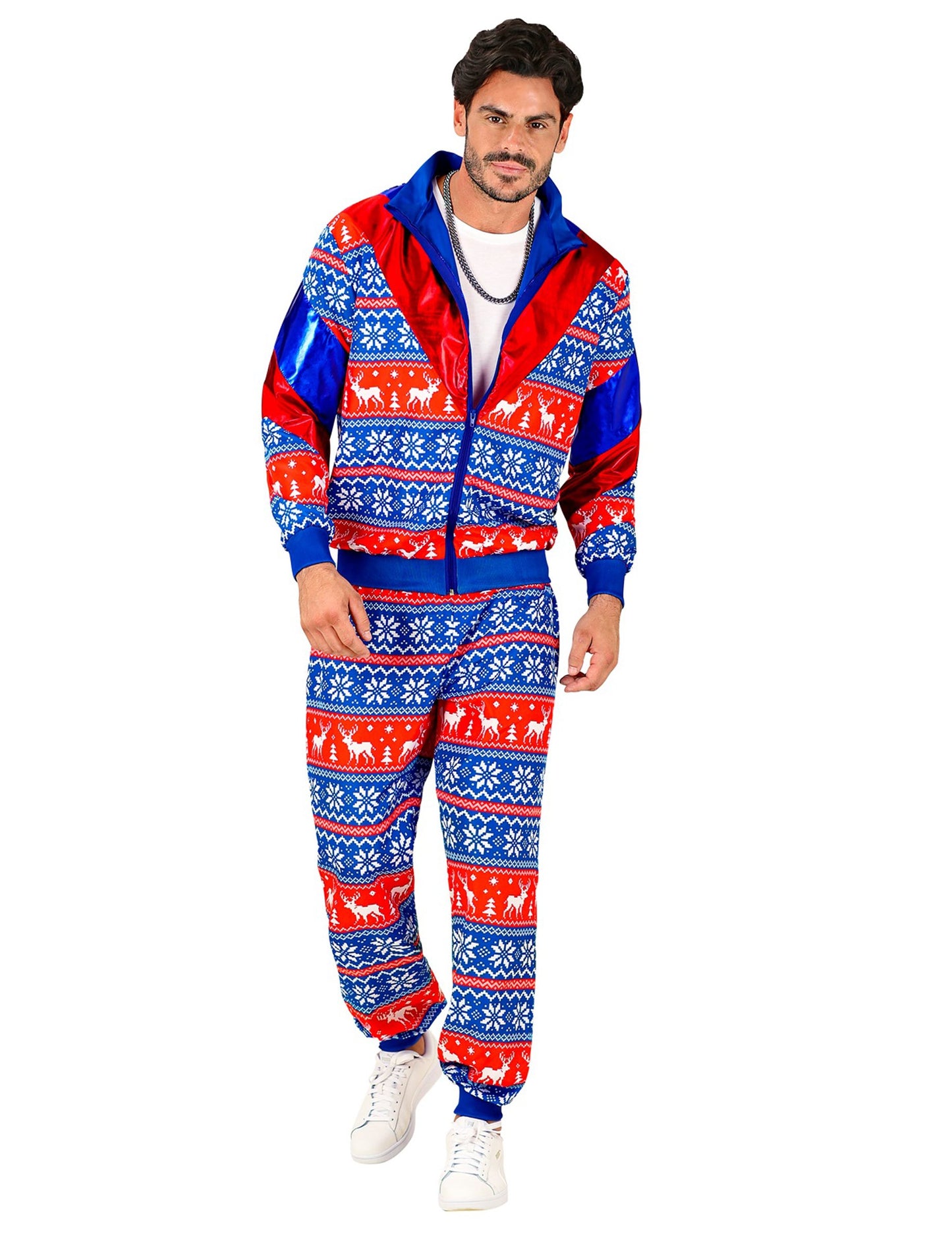 Modročervený vánoční teplákový kostým pro dospělé