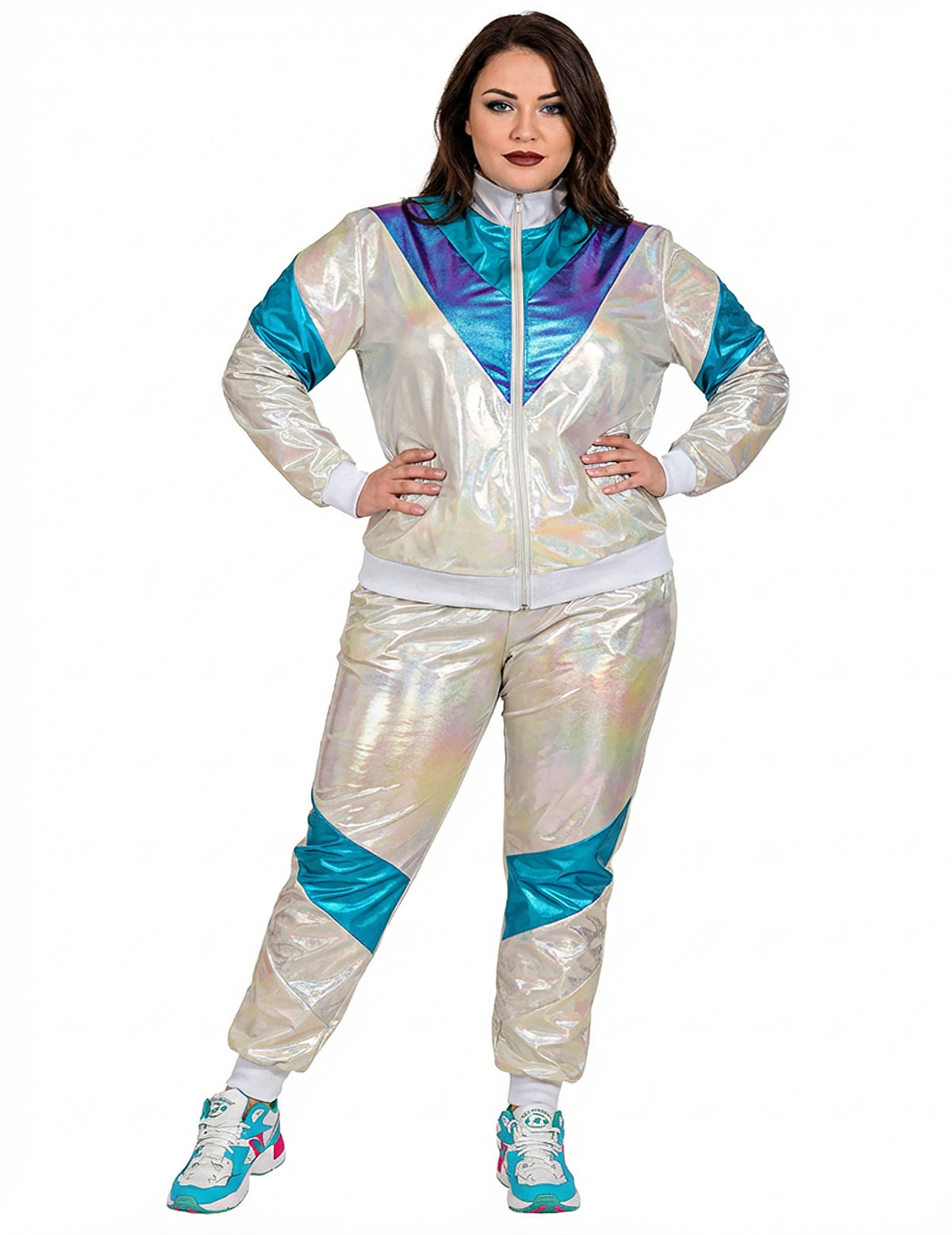 Vue de face de la version femme du déguisement survêtement holographique grande taille