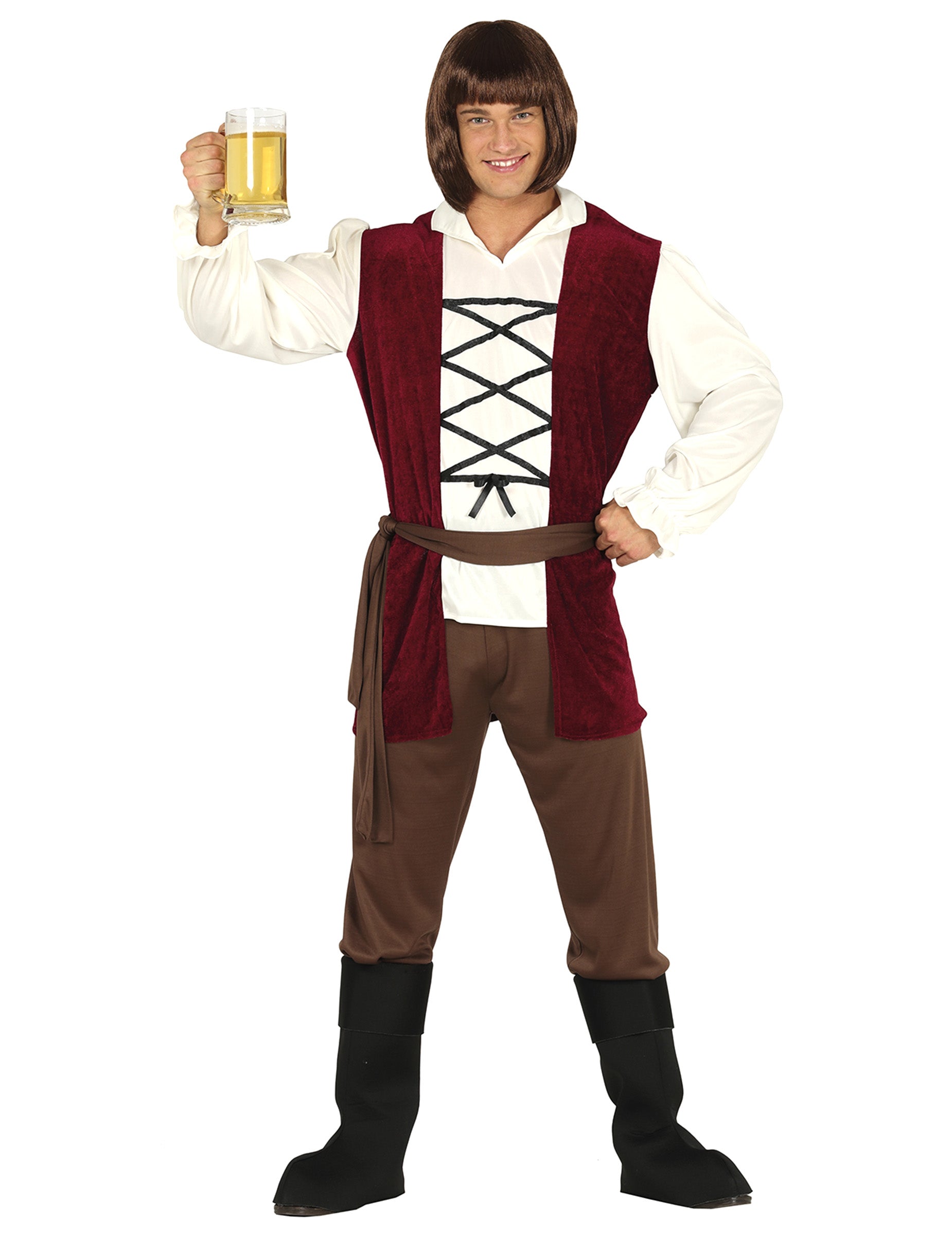 Déguisement tavernier médiéval pour homme bordeaux, blanc et marron