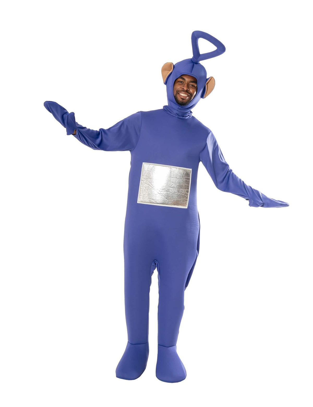 Pohled zepředu s rozpaženými pažemi kostýmu Teletubbies Tinky Winky pro dospělého