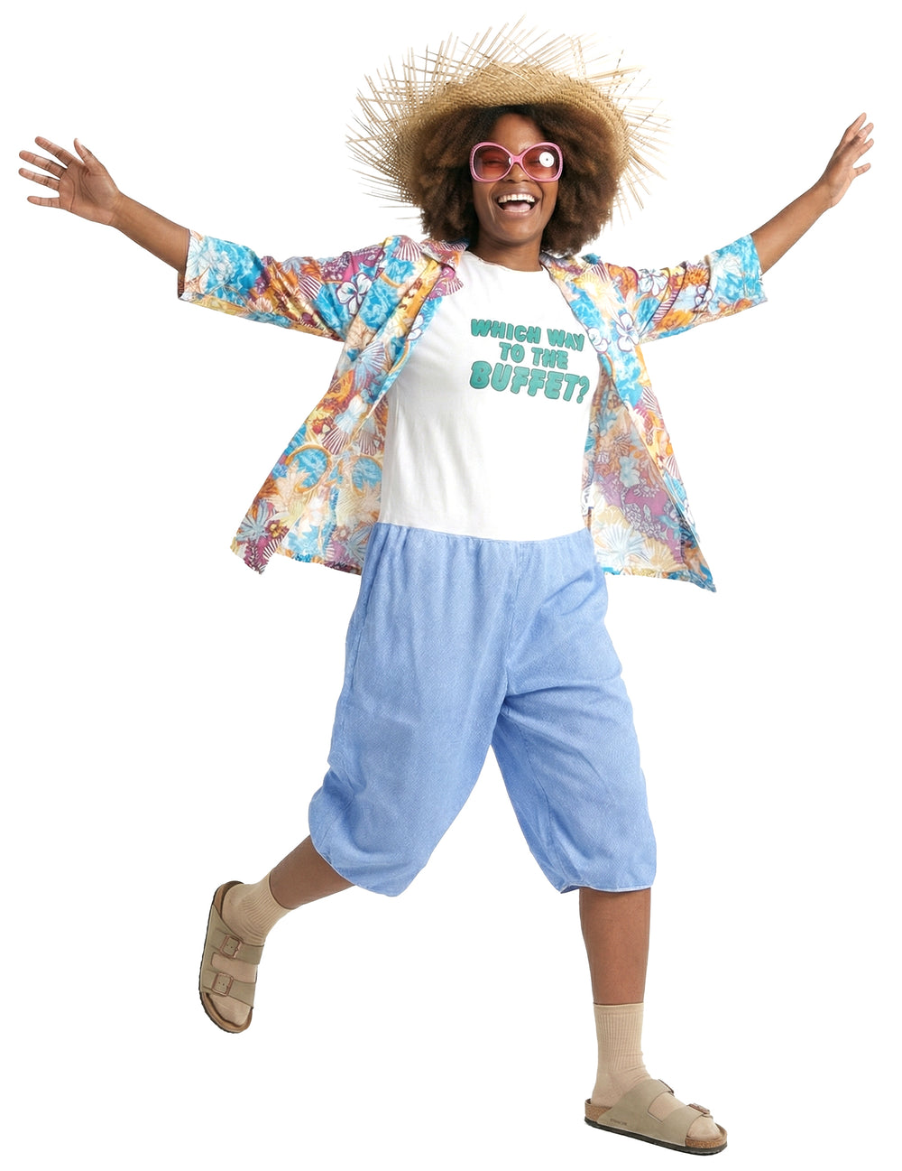 Mise en situation joyeuse du déguisement touriste kitsch pour adulte