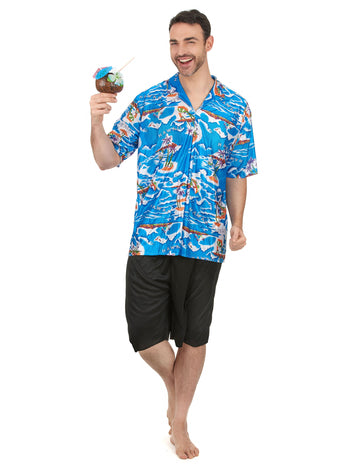 Déguisement touriste Hawaïen pour homme bleu à motifs tropicaux
