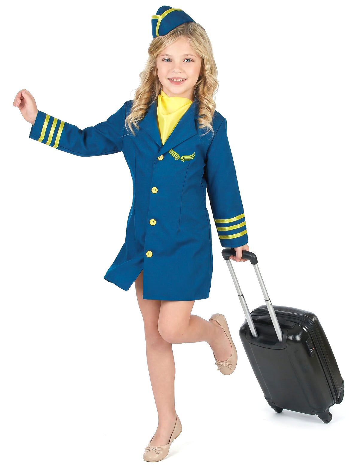Déguisement uniforme hôtesse de l'air pour fille bleu et jaune avec calot