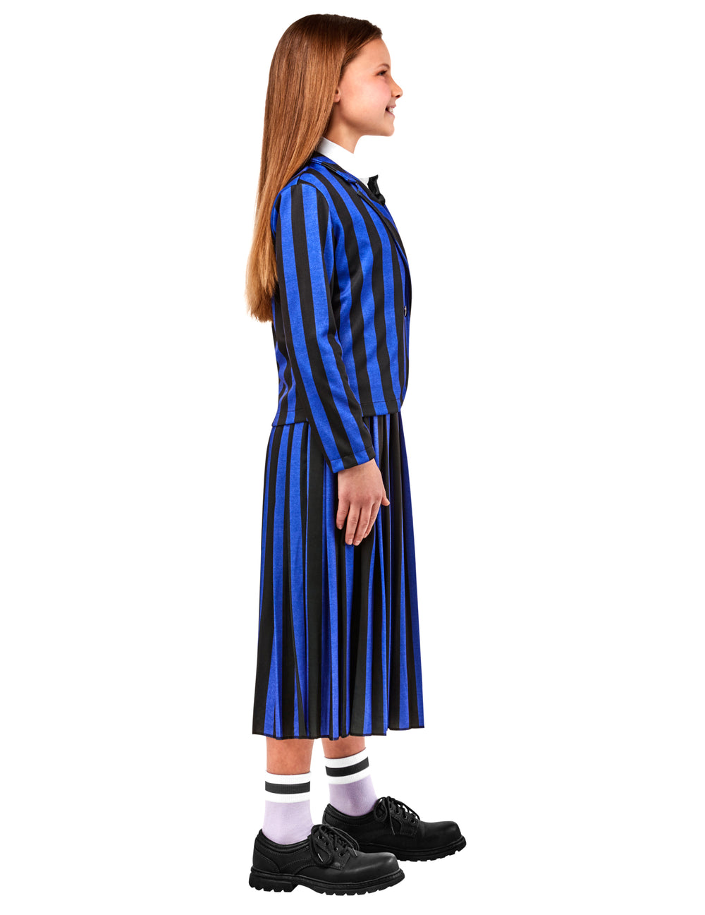 Vue de profil du déguisement uniforme scolaire Enid Wednesday pour enfant