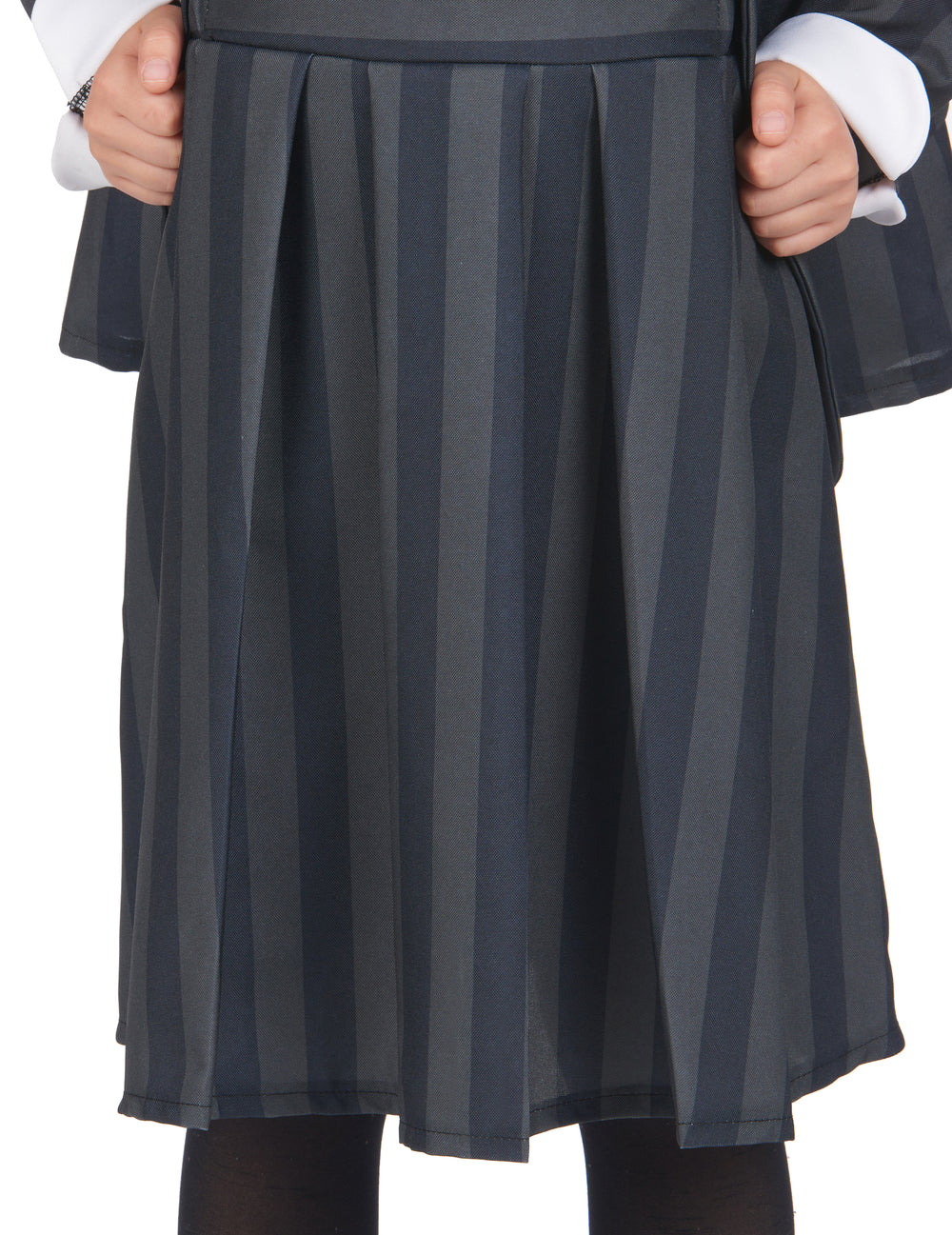 Détail de la jupe plissée à rayures du déguisement uniforme scolaire gothique pour enfant