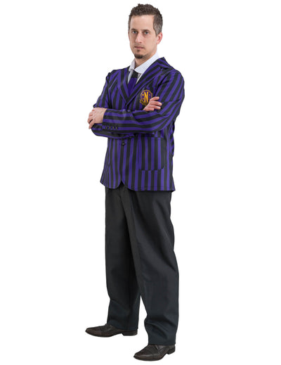Déguisement uniforme scolaire Nevermore Wednesday™ pour homme à rayures violettes et noires