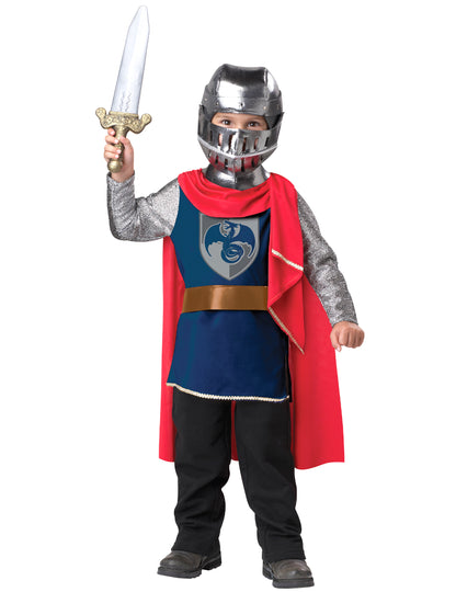 Déguisement de vaillant chevalier luxe pour enfant bleu et rouge avec heaume et épée
