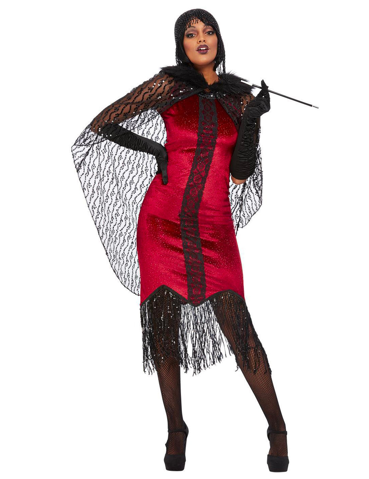 Déguisement vampire cabaret pour femme rouge et noir avec cape en dentelle et franges