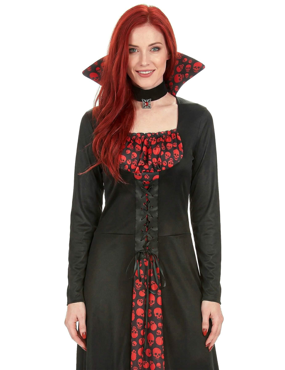 Detail na límec a živůtek elegantního vampýrského kostýmu pro ženu