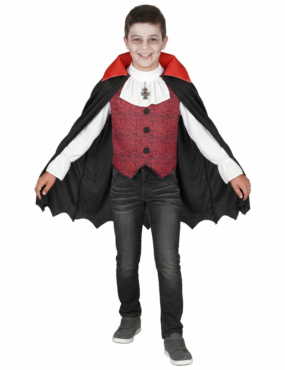 Déguisement de vampire pour garçon rouge et noir avec cape à col montant
