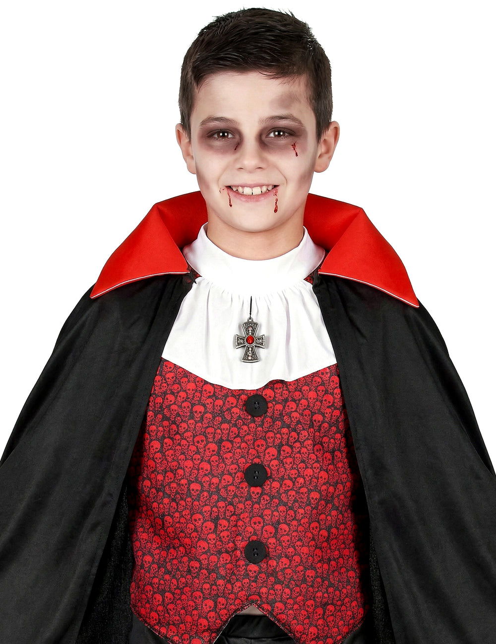 Gros plan sur le col montant et le jabot du déguisement de vampire pour garçon