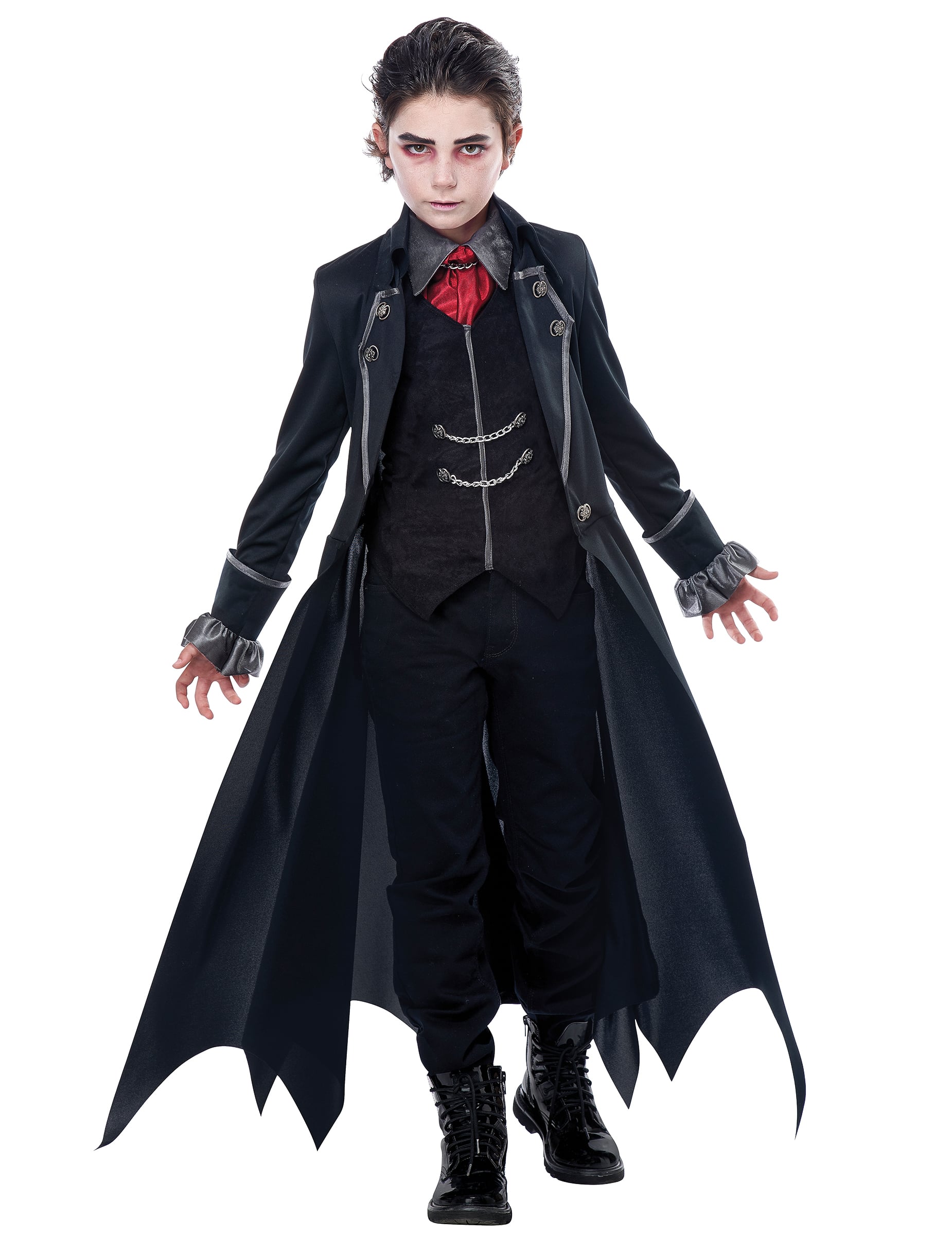 Déguisement vampire gothique luxe pour garçon noir et rouge avec chaînes argentées