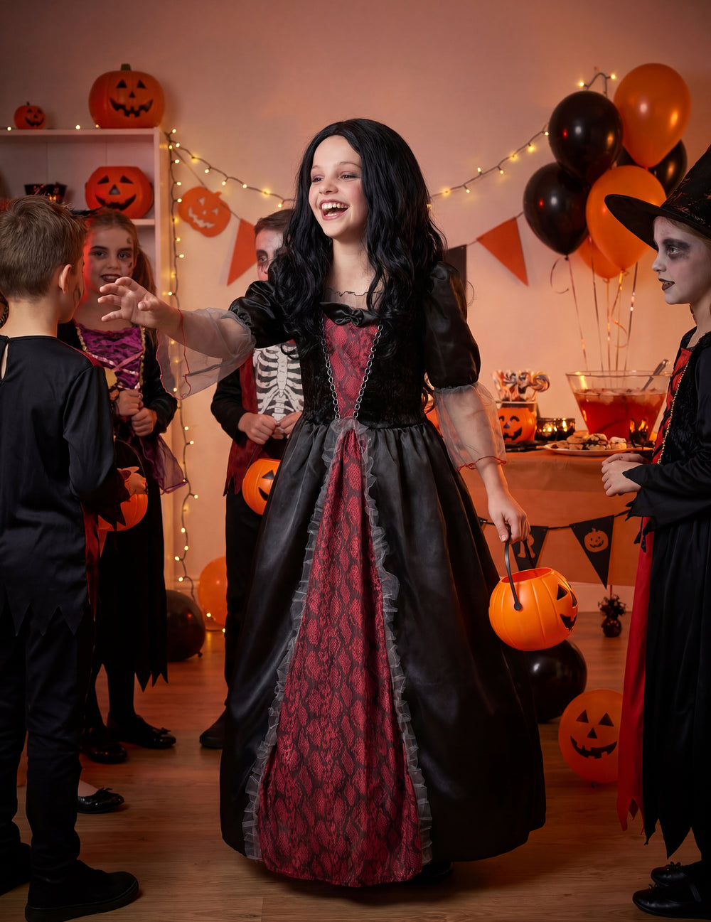 Mise en scène d'Halloween du déguisement de vampire pour fille