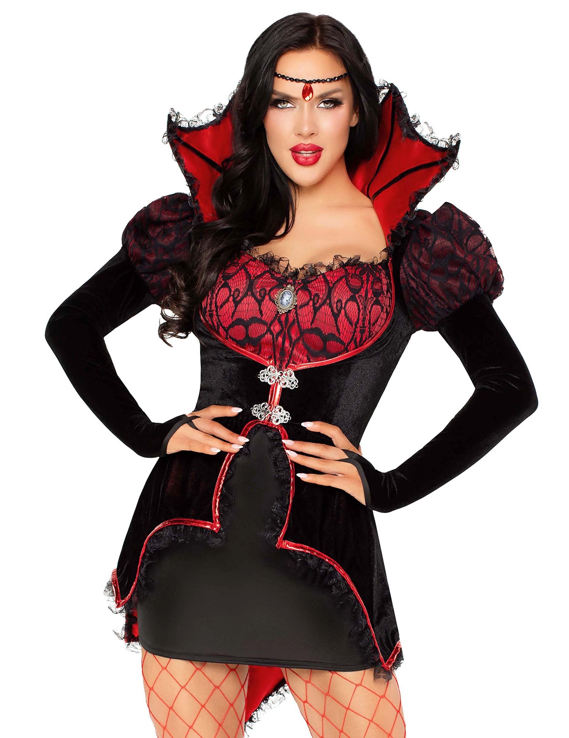 Détail du buste et du col montant du déguisement vampire sexy